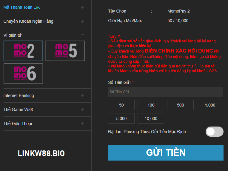 Nạp tiền W88 qua momo